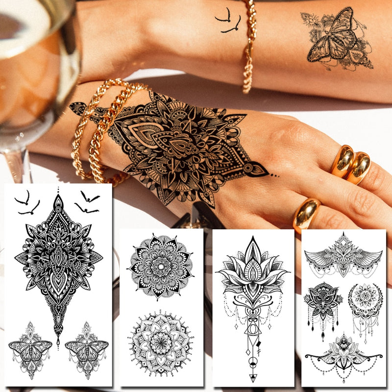 Owl Moth Jewelry Temporary Tattoo For Women Men Mandala Henna Flower Tattoo Mehndi Fake Pendants Geometric Tatoo Chest Back Lace