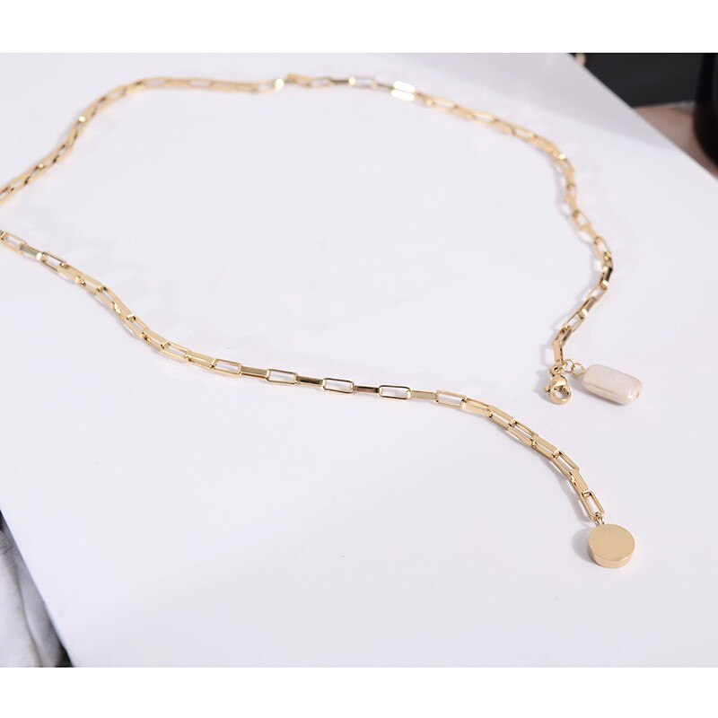 Titanium With 18K Gold Long Chains Real Pearl Necklace Women Stainless Steel  Jewelry Designer T Show Runway Gown Rare INS Japan