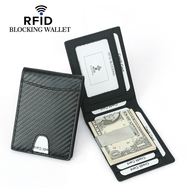 New RFID Blocking Slim Carbon Fiber Leather Wallet With A Clip Men ID Card Holder Front Pocket Bifold Male Metal Clamp For Money