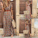 HOT SALE!! Boho Women V Neck Short Sleeve Paisley Print Belt Large Hem Beach Long Dress print beach dress with belt