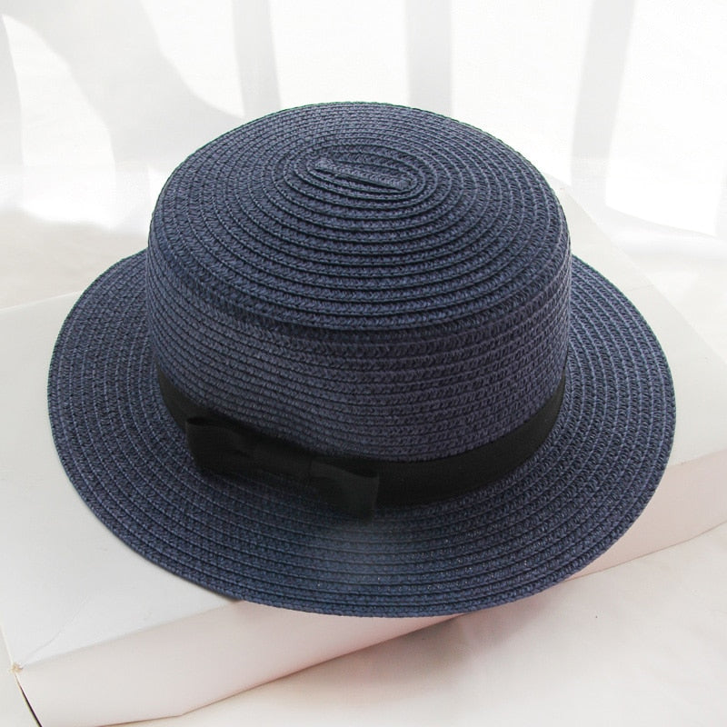 Simple hat ladies casual panama hat ladies brand ladies flat brim bowknot straw hat girl sun hat  cap