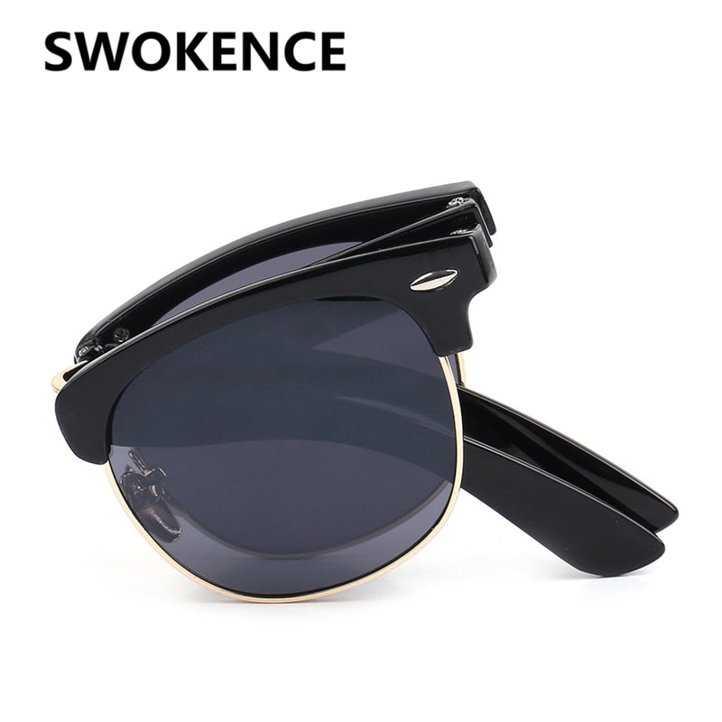 SWOKENCE Portable Folding Sunglasses With Box Women Men Upscale Brand Retro Foldable UV400 Sunscreen Spectacles For Driving SA02