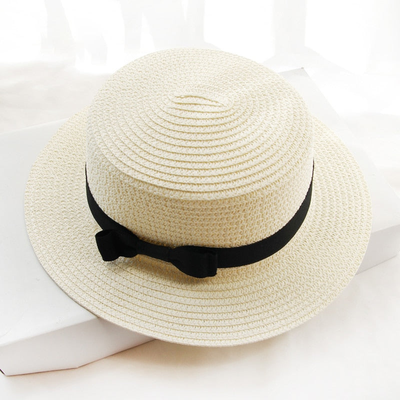 Simple hat ladies casual panama hat ladies brand ladies flat brim bowknot straw hat girl sun hat  cap