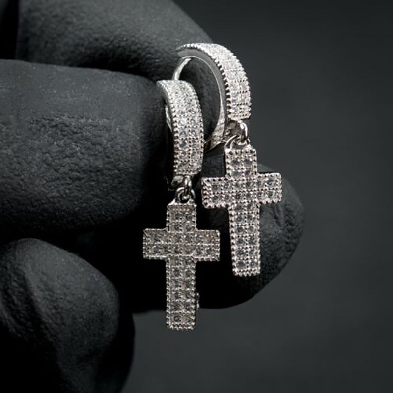 Silver Color Cross Stud Earrings with Bling Zircon Stone for Man Women Hip Hop Fashion Jewelry