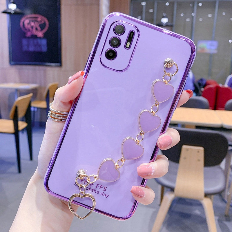 Luxury Love Heart Wrist Chain Phone Case For Xiaomi Redmi Note 10 10S 5G 10T 9 9S 9T 8 8T 7 Pro 9A 9C 8A 7A Plating Bumper Cover