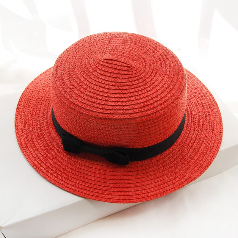 Simple hat ladies casual panama hat ladies brand ladies flat brim bowknot straw hat girl sun hat  cap