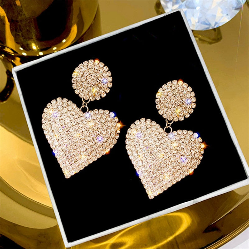 Quality Exaggerated Fashion Earrings for Women Luxury Full Rhinestone Heart Hanging Wedding Earrings Jewelry