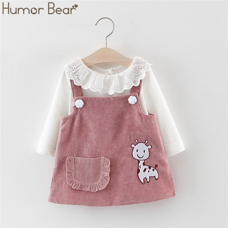 Humor Bear Girls Children's Clothing Doll Collar Long Sleeve +Strap Dress  2Pcs Suit Baby Kids Clothing Suit