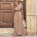 HOT SALE!! Boho Women V Neck Short Sleeve Paisley Print Belt Large Hem Beach Long Dress print beach dress with belt