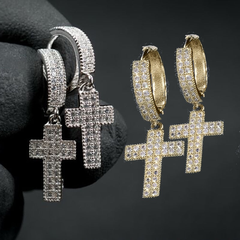 Silver Color Cross Stud Earrings with Bling Zircon Stone for Man Women Hip Hop Fashion Jewelry