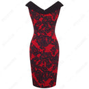 Women Floral Elegant V Neck Sheath Fitted Casual Work Party Sexy Sleeveless Pencil Dress EB425