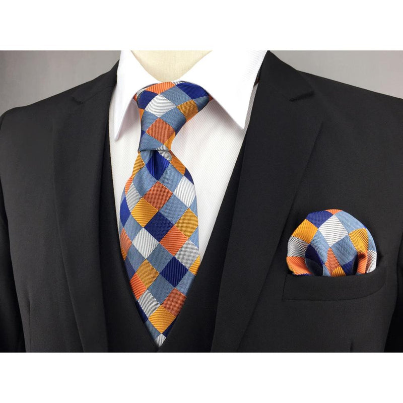 S17 Checked Multicolor Ties for Men Pocket Square Set Gift Party Necktie Silk 63&quot; 6cm  Extra Long Wedding