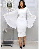 Black Elegant Party Dress Women Black Office Fashion Chiffon Flare Long Sleeve Sexy Bodycon Belt Ladies Midi Dresses