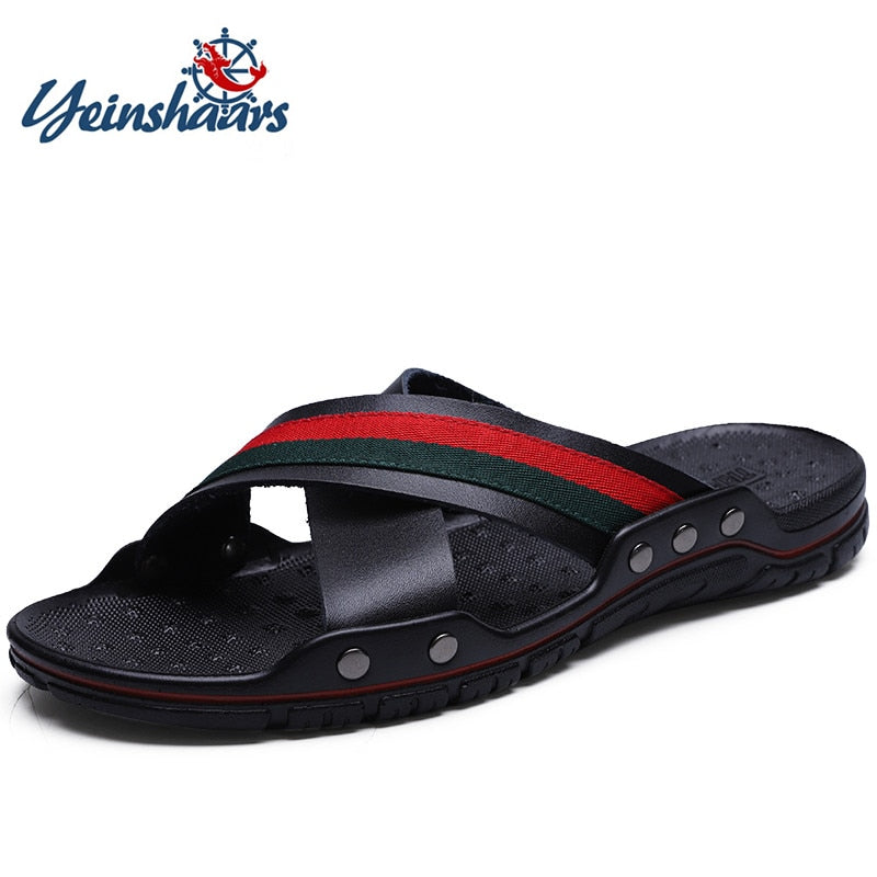 YEINSHAARS Brand Men Slippers Fashion Leather Cross Strap Beach Water Shoes Men High Quality Slippers Big Size:38-47