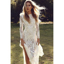 Ordifree Women Long Party Dress Vintage Long Sleeve Floor Length Sexy Backless White Lace Maxi Dress