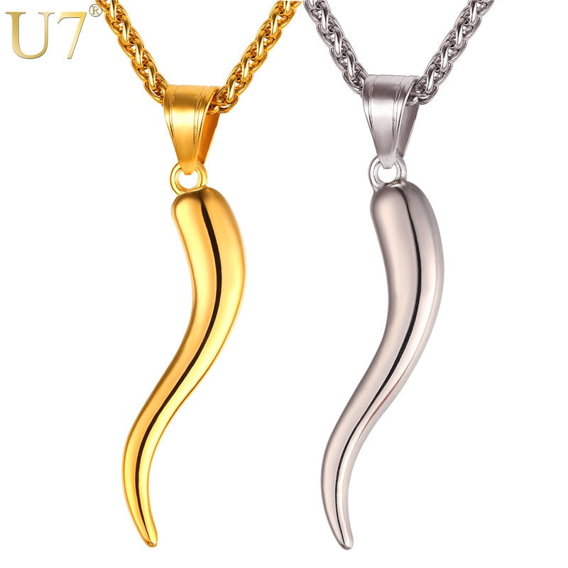 U7 Italian Horn Necklace Amulet Gold Color Stainless Steel Pendants & Chain For Men/Women Gift Hot Fashion Jewelry P1029