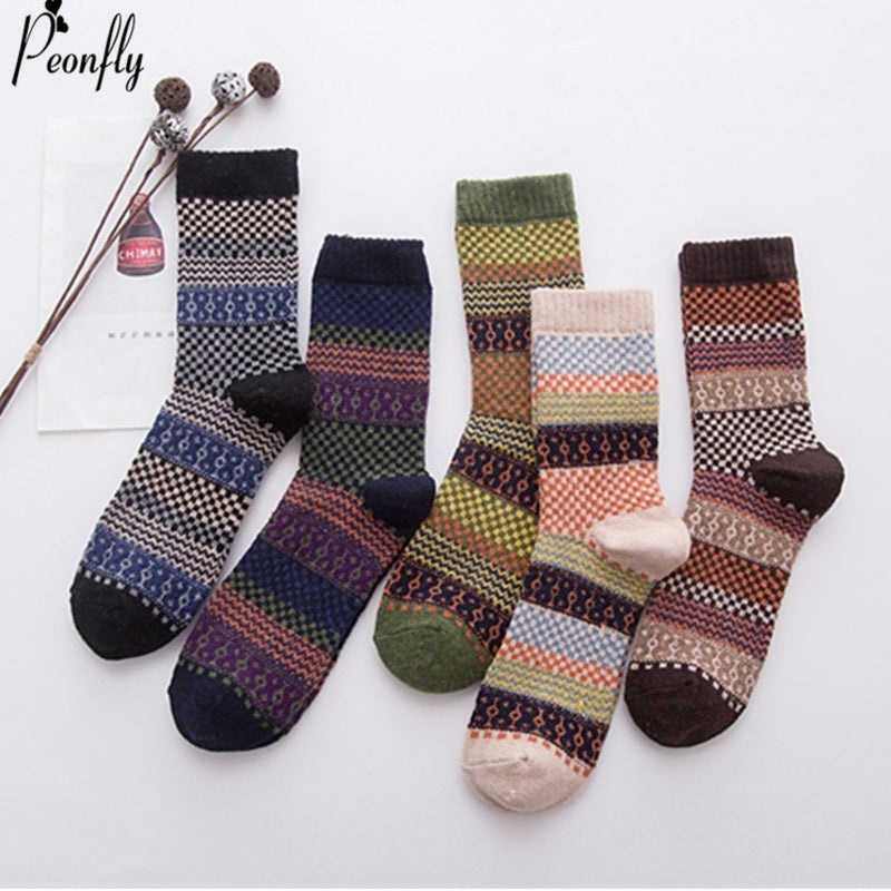 PEONFLY National Style Multi Colorful Geometric Square Printing Men Socks Thick Rabbit Wool Warm Male Retro Socks