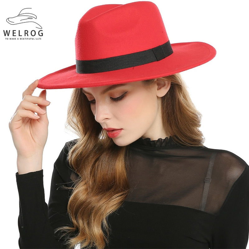 WELROG Black Red Fedora Hats For Women Imitation Wool Fedoras Panama Felt Hat Men Jazz Hats Trilby Chapeau Femme Caps
