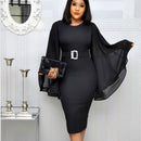 Black Elegant Party Dress Women Black Office Fashion Chiffon Flare Long Sleeve Sexy Bodycon Belt Ladies Midi Dresses