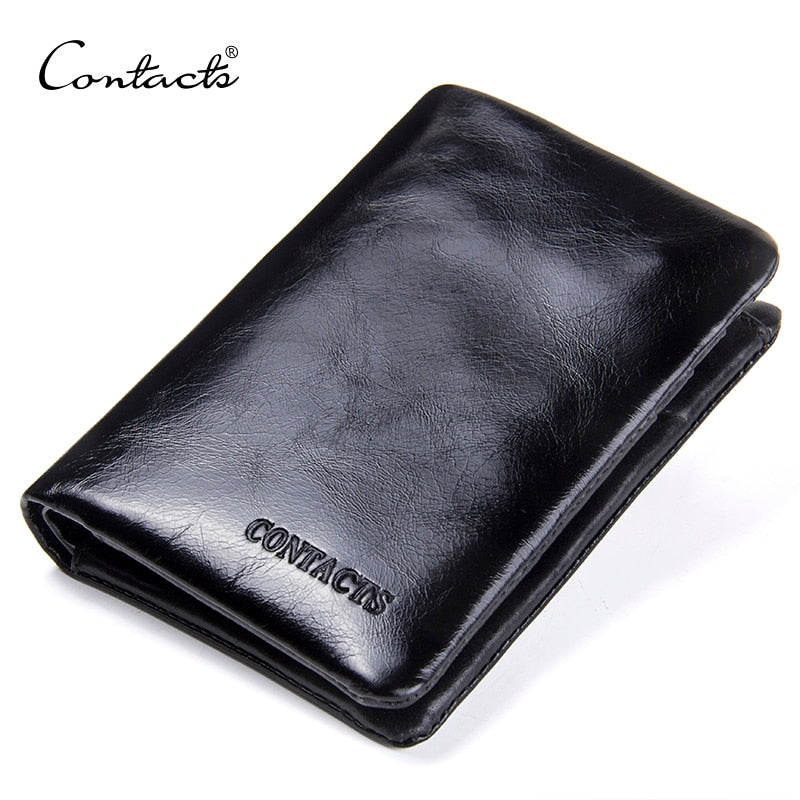 CONTACT'S Genuine Leather Oil Wax Men's Wallet Black Short Wallets for Men Portomonee Male Card Holder Carteira Masculina Walet