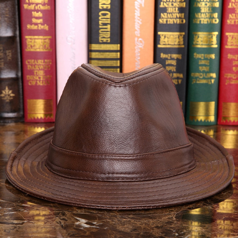 Male 100% Genuine Leather Jazz Hat Adult Fedoras Hat Male Sheepskin Fedoras Cap Men&