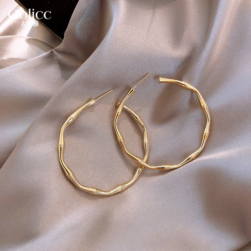 Design Sense Metal Golden Bamboo Shape Big Hoop Earrings For Woman Fashion Korean Jewelry Wedding Party Unusual Earring