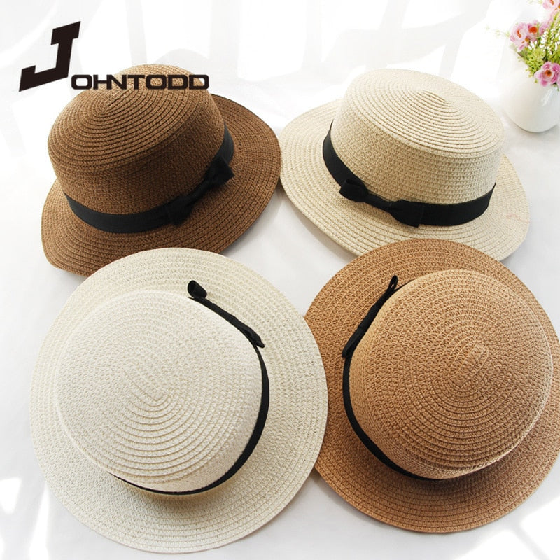 Simple hat ladies casual panama hat ladies brand ladies flat brim bowknot straw hat girl sun hat  cap