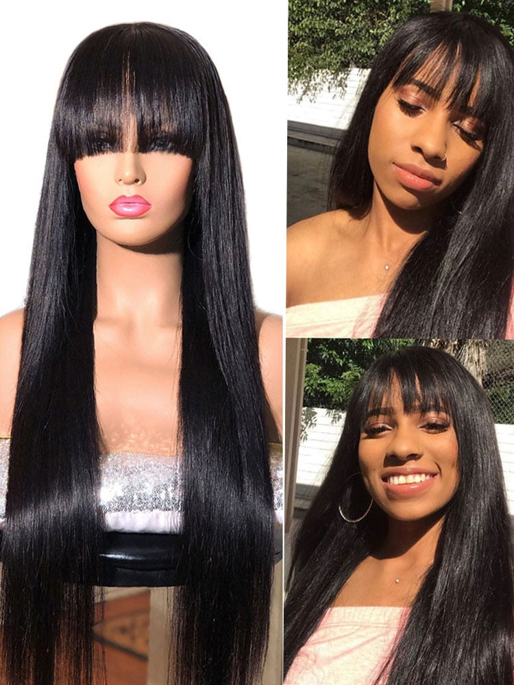 Human Hair Wigs with Bangs Bone Straight Short Bob Hair 100% Cheap Long Fringe Wig Human Hair For Black Women Brazilian Remy Wig