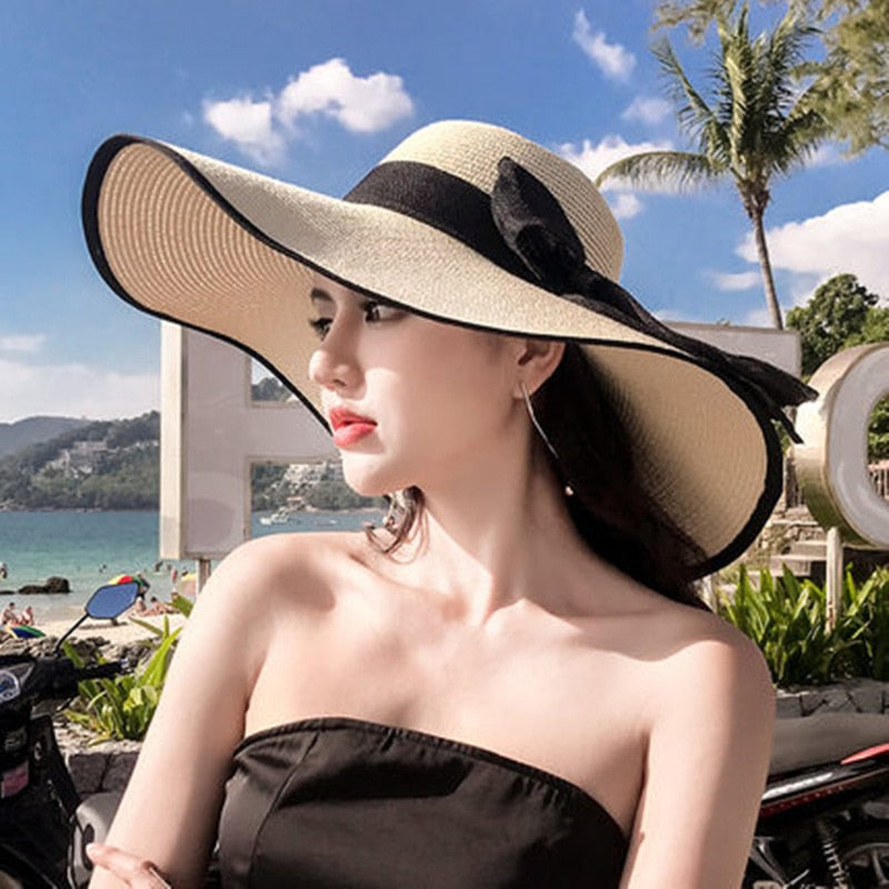 K60 Women Hat Beach Big Brim Straw Seaside Sun Hat Travel Women Panama Sun Protection Felt hat UPF 50+ Sun Visor