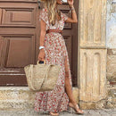 HOT SALE!! Boho Women V Neck Short Sleeve Paisley Print Belt Large Hem Beach Long Dress print beach dress with belt