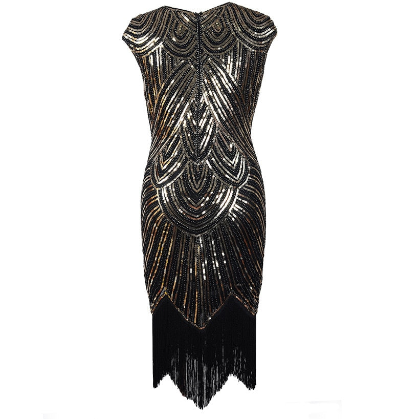Vintage 1920s Flapper Great Gatsby Dress O-Neck Cap Sleeve Sequin Fringe Party Midi Dress Vestidos Verano Summer Dress