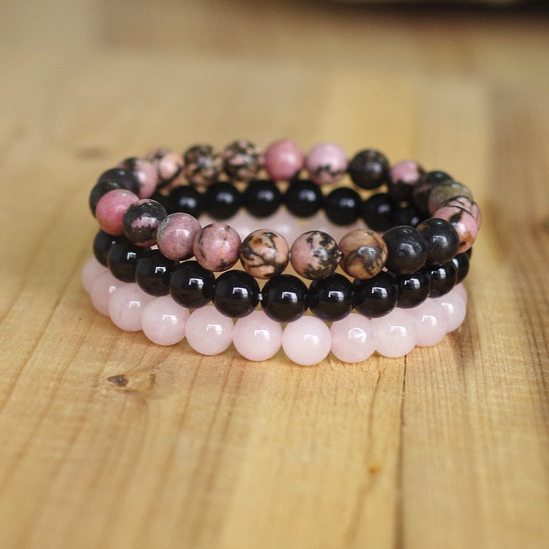 8mm Natural Stone Bracelet Sets Men Women Rhodonite Rose Quartzs Black Onyx Beaded Stackable Wrist Mala Charm Bracelets