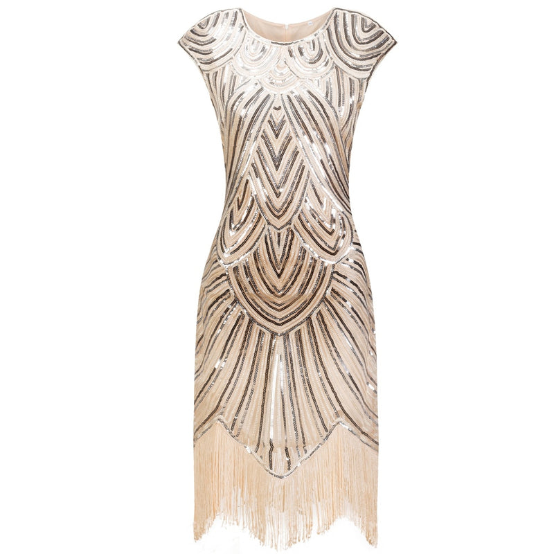 Vintage 1920s Flapper Great Gatsby Dress O-Neck Cap Sleeve Sequin Fringe Party Midi Dress Vestidos Verano Summer Dress