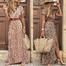 HOT SALE!! Boho Women V Neck Short Sleeve Paisley Print Belt Large Hem Beach Long Dress print beach dress with belt