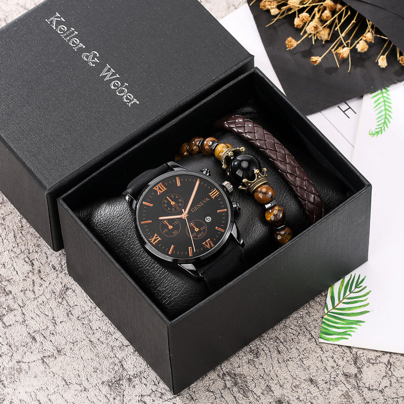 Personality Men Watch Bracelets Gift Set Luxury Leather Quartz Date Watches with Box for Boyfriend Gifts Idea for Father&