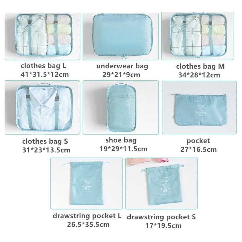 8-piece Suitcase Organizer Storage Bag Travel Cosmetic Bag Clothes Underwear Shoes Packing Cube High Quality Travel Makeup Bags
