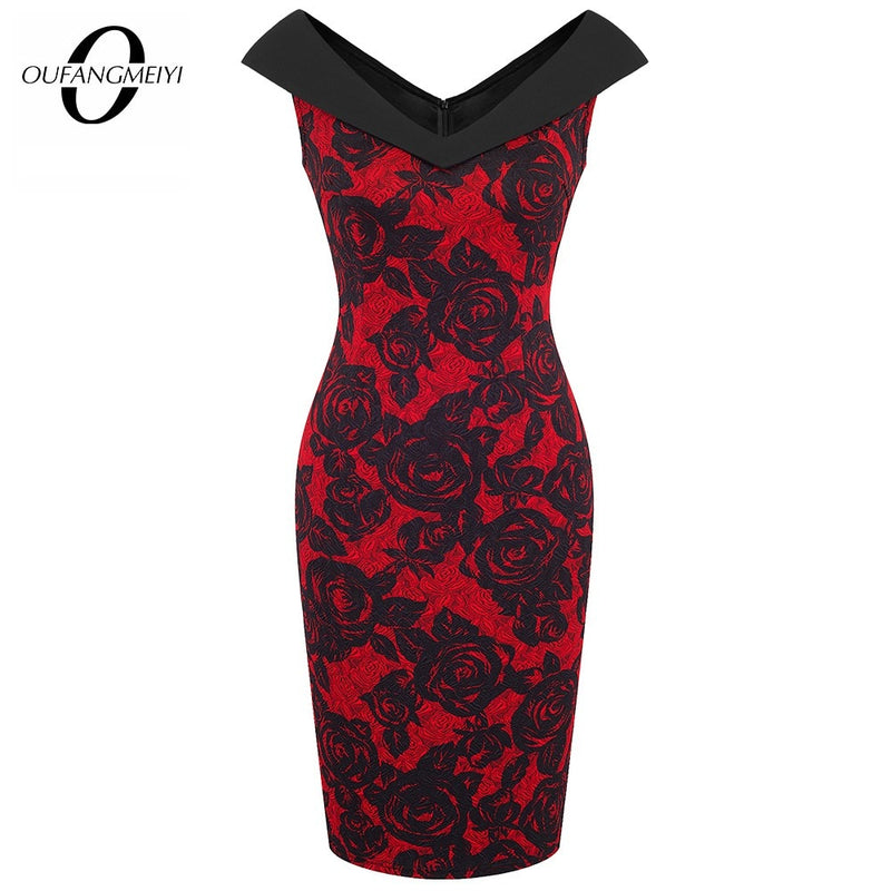 Women Floral Elegant V Neck Sheath Fitted Casual Work Party Sexy Sleeveless Pencil Dress EB425
