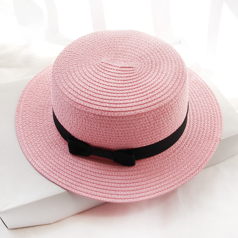 Simple hat ladies casual panama hat ladies brand ladies flat brim bowknot straw hat girl sun hat  cap