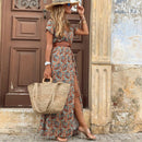 HOT SALE!! Boho Women V Neck Short Sleeve Paisley Print Belt Large Hem Beach Long Dress print beach dress with belt