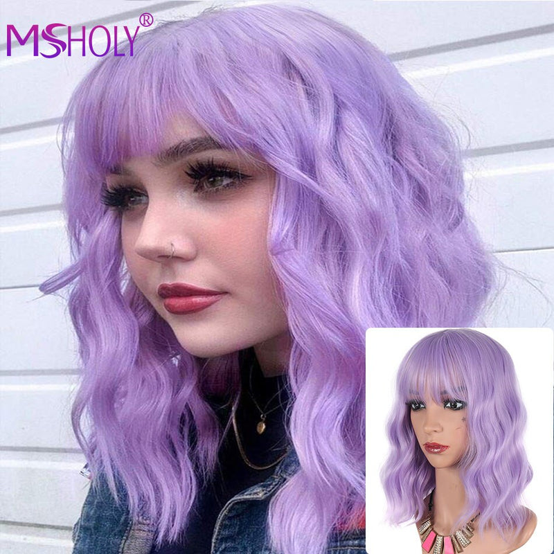 Curly Bob Wig With Bangs Synthetic Red Burgundy Pink Blonde Purple Wig Cosplay Short Bob Natural Wavy Hair Wigs For Women Msholy