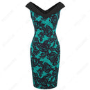 Women Floral Elegant V Neck Sheath Fitted Casual Work Party Sexy Sleeveless Pencil Dress EB425