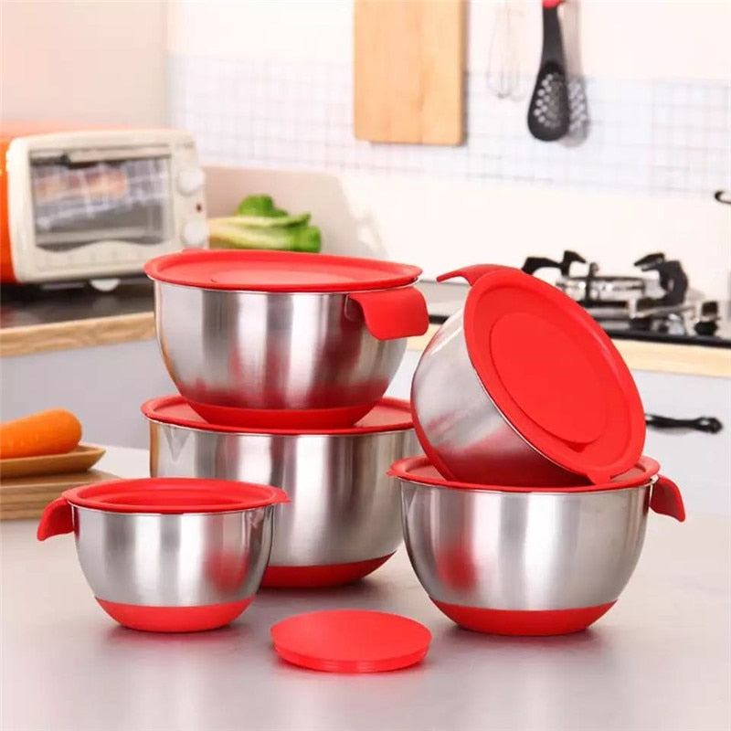 Stainless Steel Salad Mixing Bowl with Scale Non-Slip Silicone Lid Base Egg Beater Fruit Bowls Food Container Kitchen Utensils