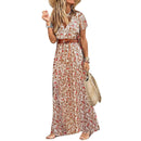 HOT SALE!! Boho Women V Neck Short Sleeve Paisley Print Belt Large Hem Beach Long Dress print beach dress with belt