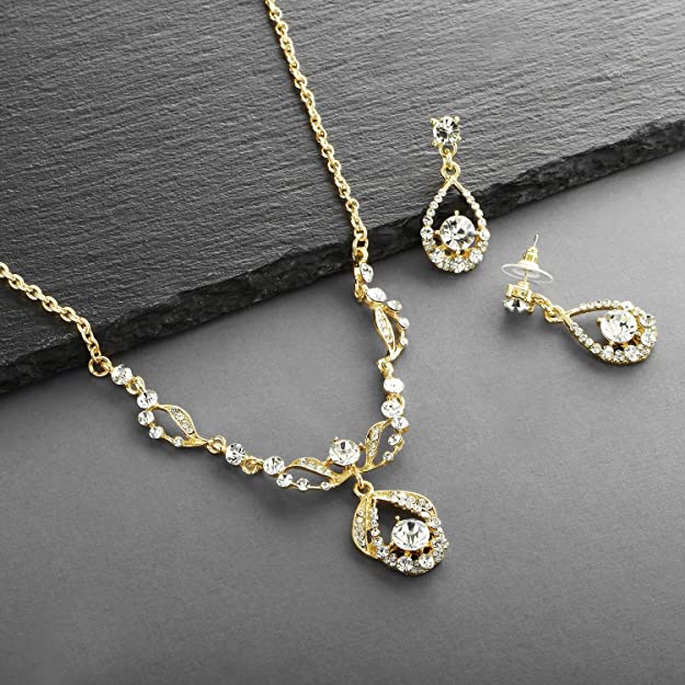 Mariell 14K Gold Plated Vintage Crystal Necklace & Earrings Jewelry Set for Prom, Bridal and Bridesmaids