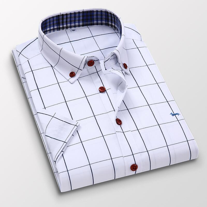 Men Casual Business Harmont Blouses Short Sleeve 100%Cotton Soft Plaid Slim Fit Men's Shirt Embroidery Blaine