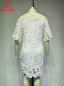 Elegant Women Solid Color Pencil Dress Hollow Out Design Lace Decor See Through Slash Neck Half Sleeve Slim Mini Dress