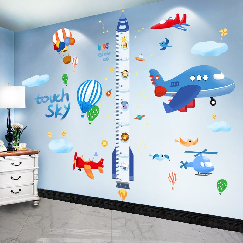 Cartoon Rocket Height Measure Wall Stickers DIY Airplane Clouds Mural Decals for Kids Rooms Baby Bedroom Nursery Home Decoration