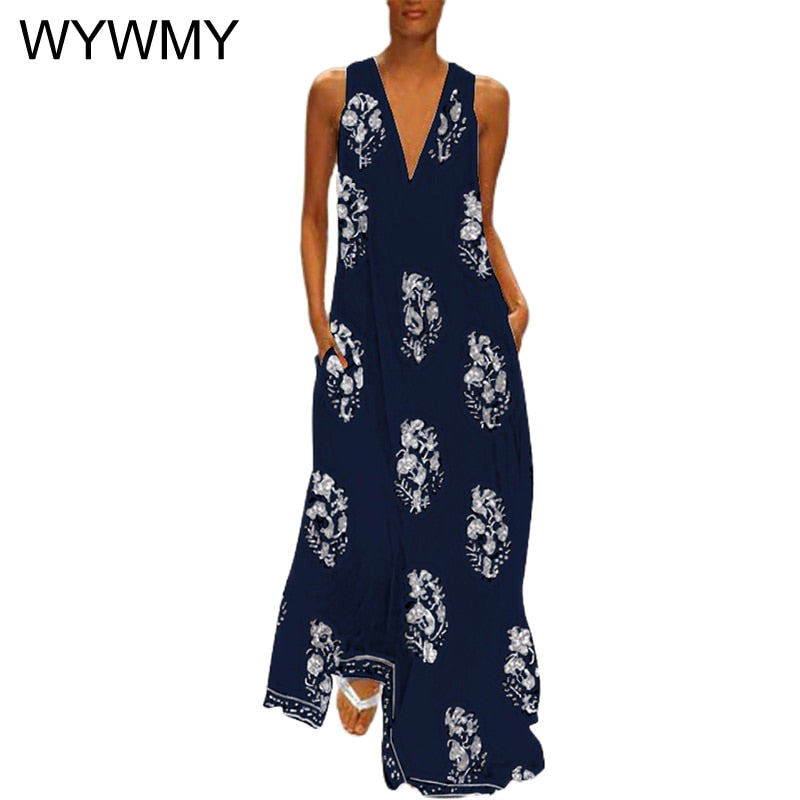 WYWMY Woman Maxi Dress Sexy Deep V-Neck Backless Hollow High Split Print Bohemian Beach Long Dress For Women Cross LaceUp