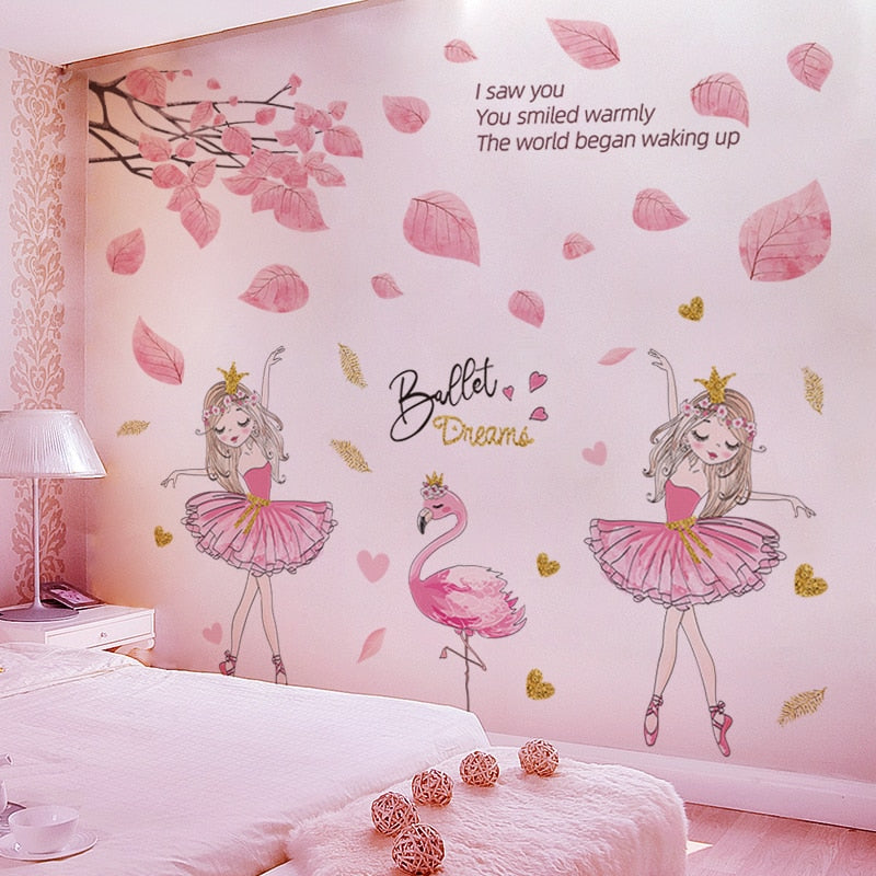 Pink Tree Leaves Wall Stickers Decor DIY Ballet Girl Flamingo Wall Decals for Kids Bedroom Baby Rooms Nursery Home Decoration