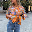 Cardigan Top Women Long Sleeve Single Button Decorated Slim Rainbow Striped Patchwork Women Sweater Fashion